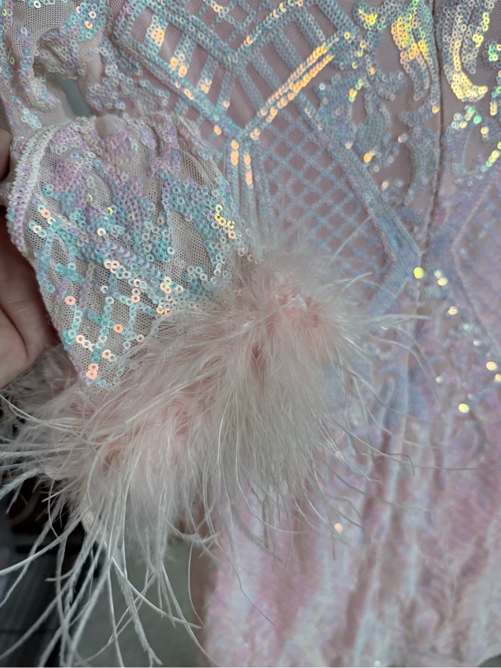 Blondie Nites Iridescent Pink Sequin Mini Dress sz 7 sheer feather cuff sleeves - Picture 12 of 16
